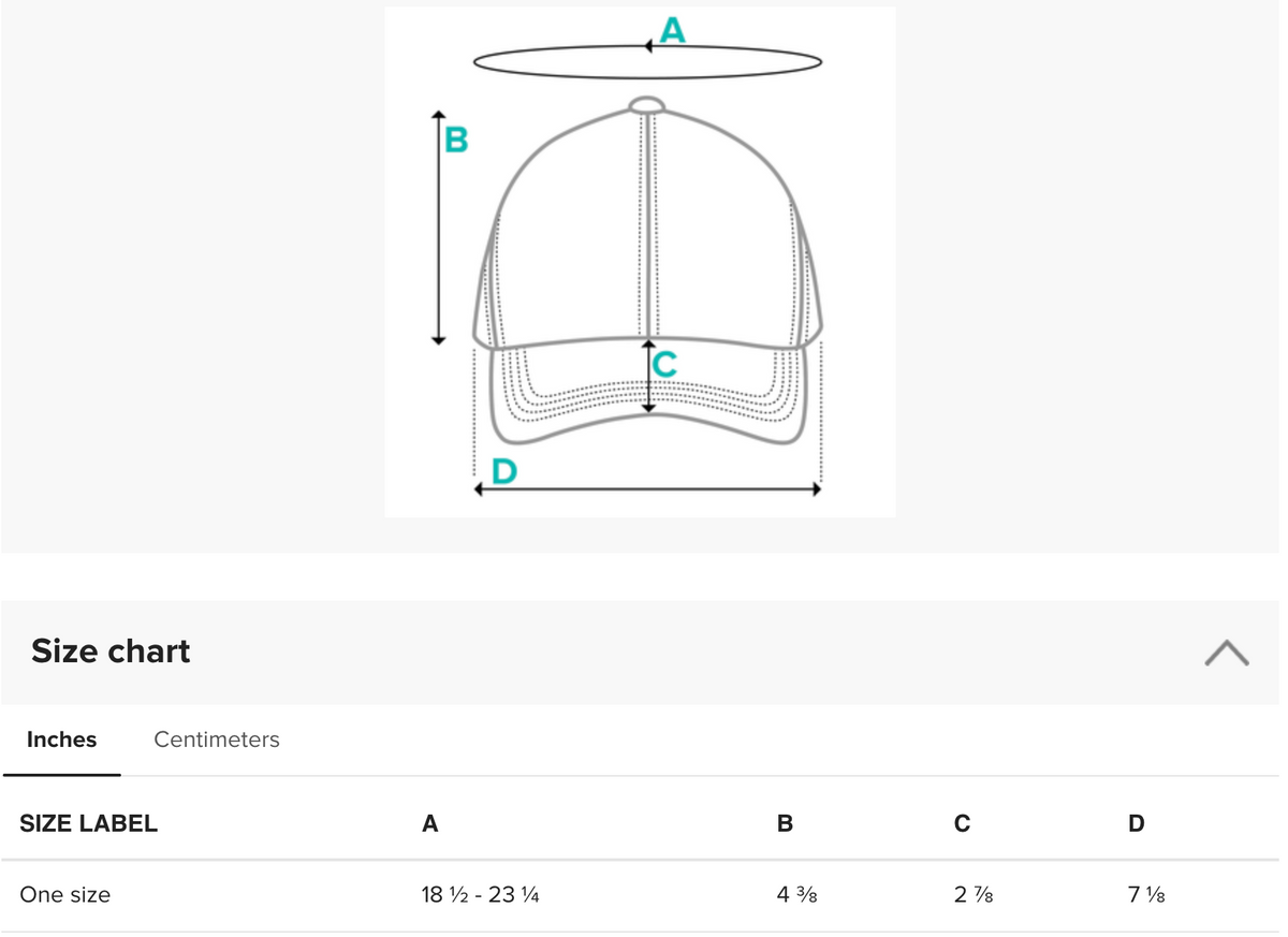 Hat size chart showing crown, brim, circumference, and height measurements for the adjustable vintage cap.